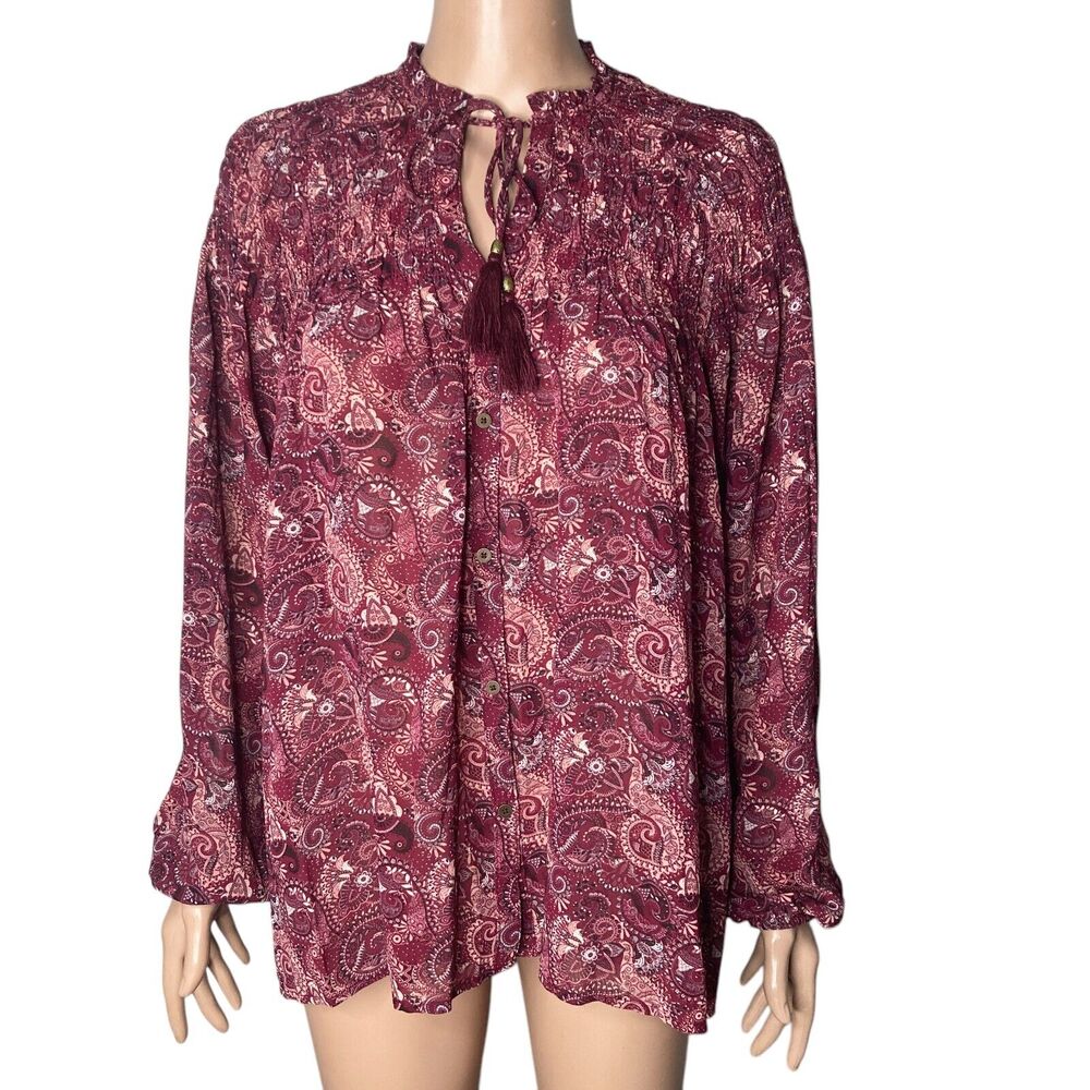 Knox Rose Smocked Neck Blouse Womens Small Paisley Floral Burgundy Pink